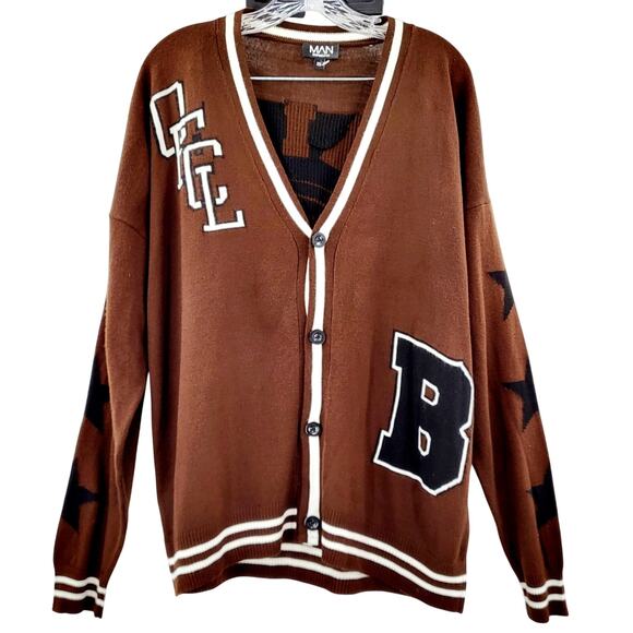 boohoo Man Limited Edition Brown Letterman Button Down Cardigan Sweater Size  XS - Picture 1 of 9